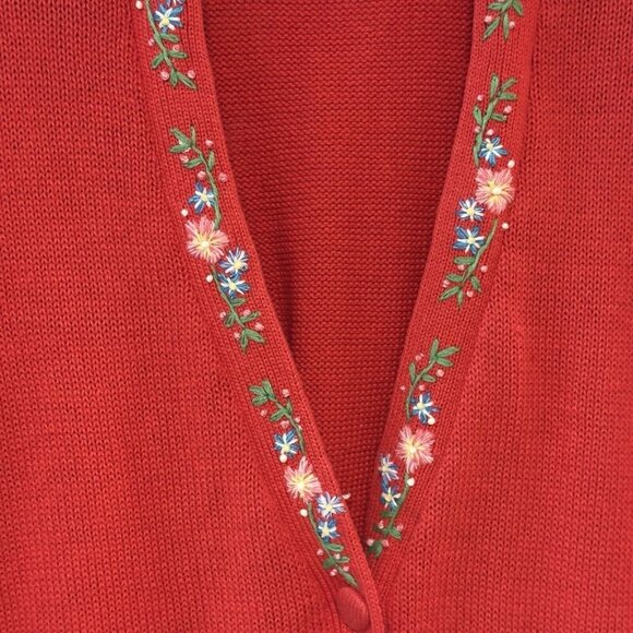 Vintage Talbots Susan Bristol Red Cotton Button Up Cardigan Floral Embroidered - Picture 3 of 14